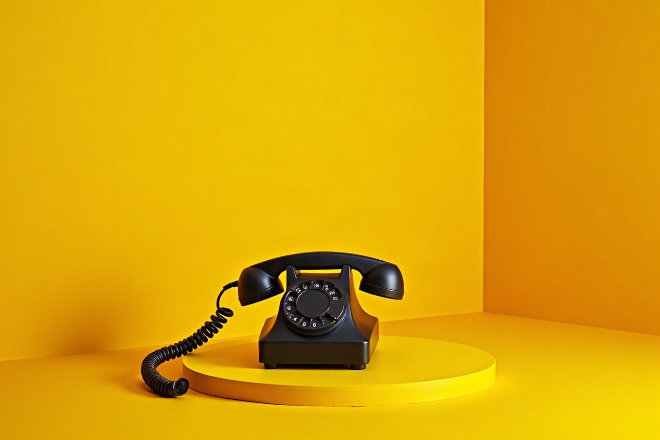 Téléphone à cadran noir, combiné décroché, sur une table jaune