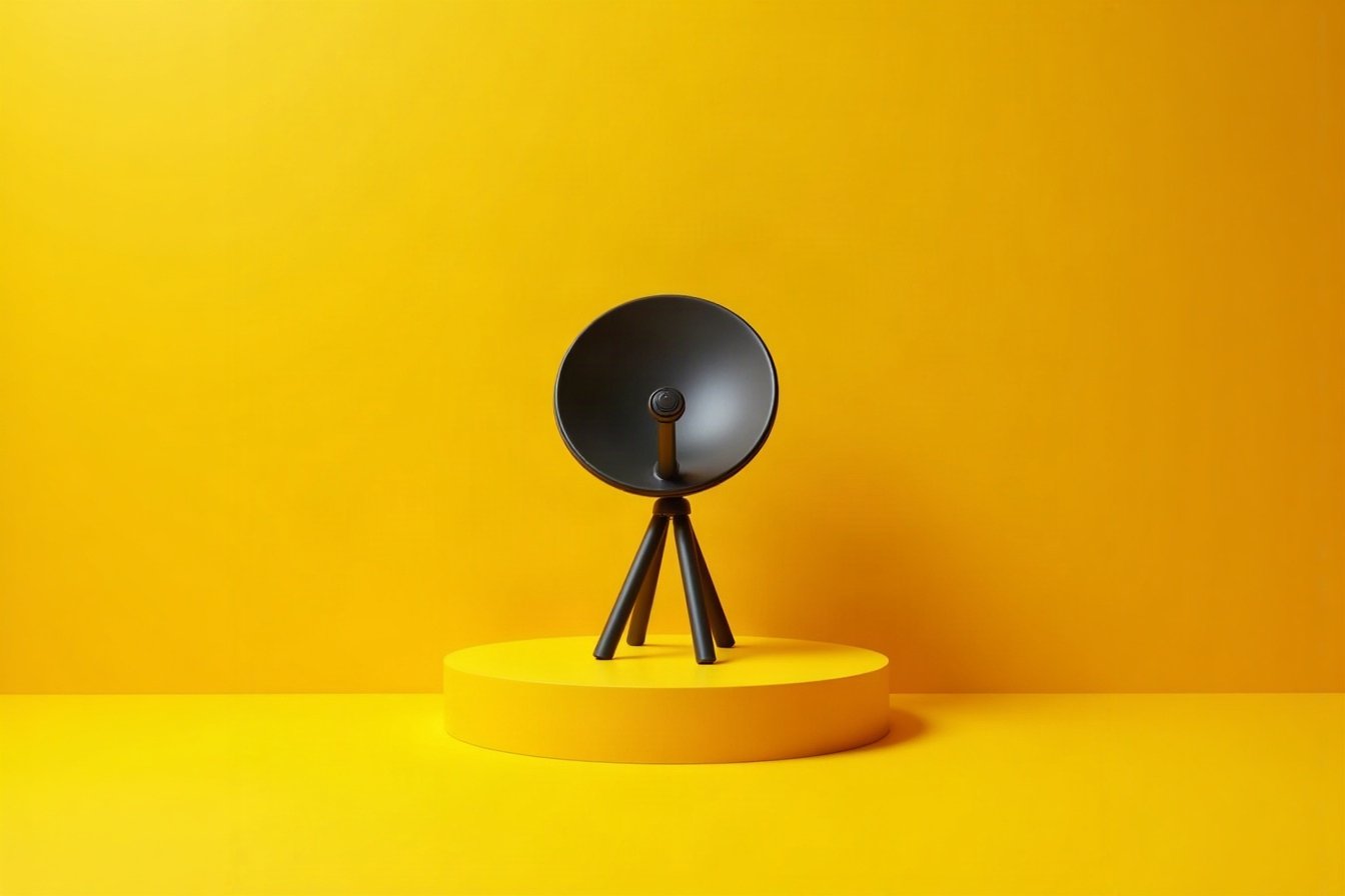 Petite antenne parabolique noire sur trépied, fond jaune