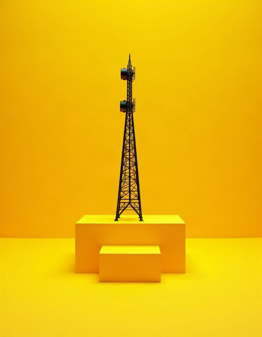 Pylône radio noir miniature dressé sur un sol jaune