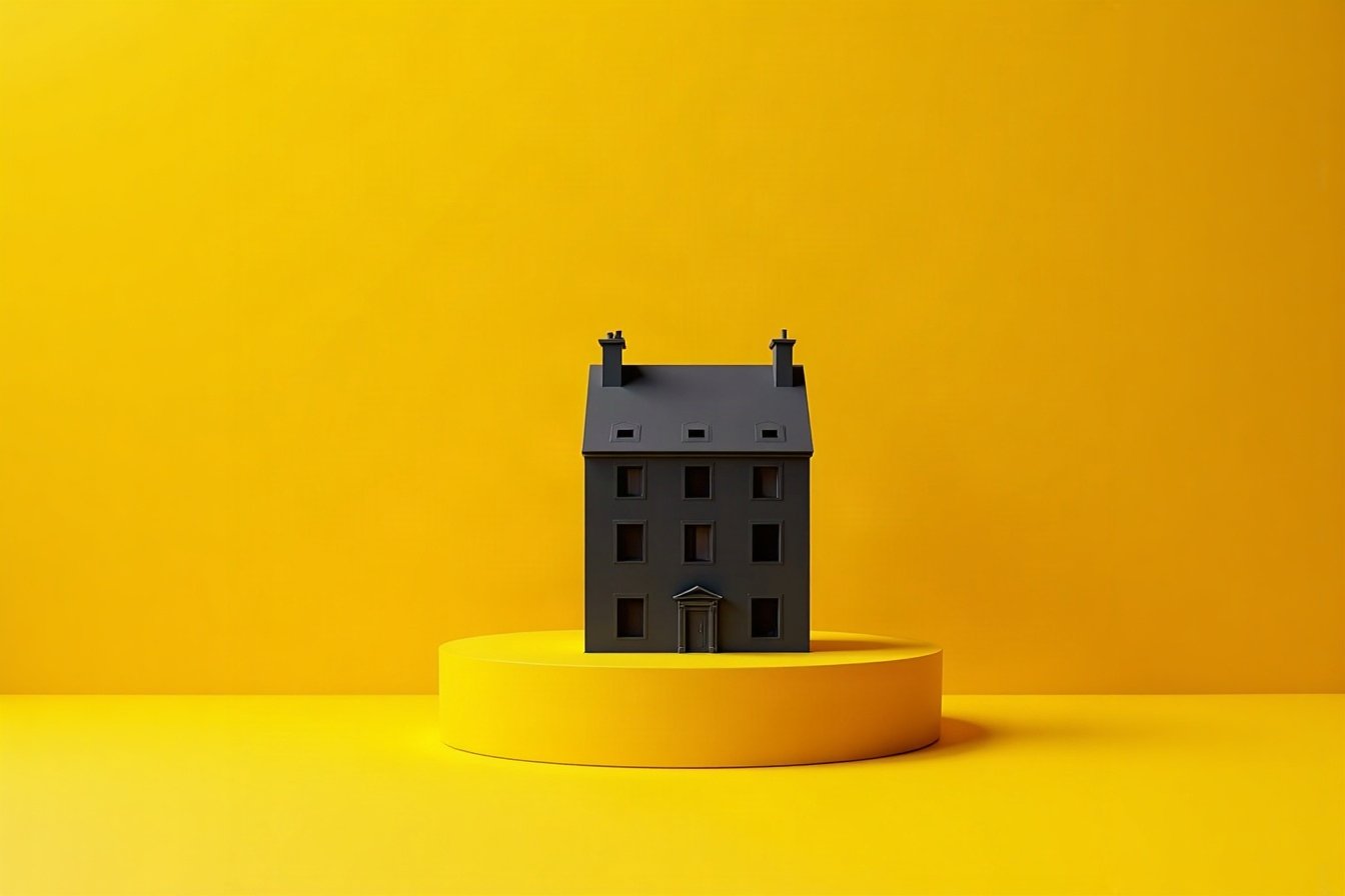 Maquette noire d’un immeuble haussmannien posée sur une table jaune