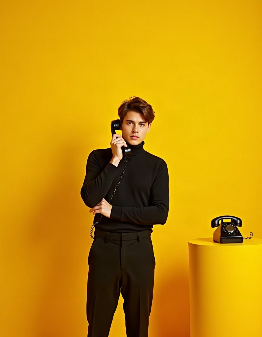 Homme en col roulé noir tenant un combiné téléphonique, devant un mur jaune