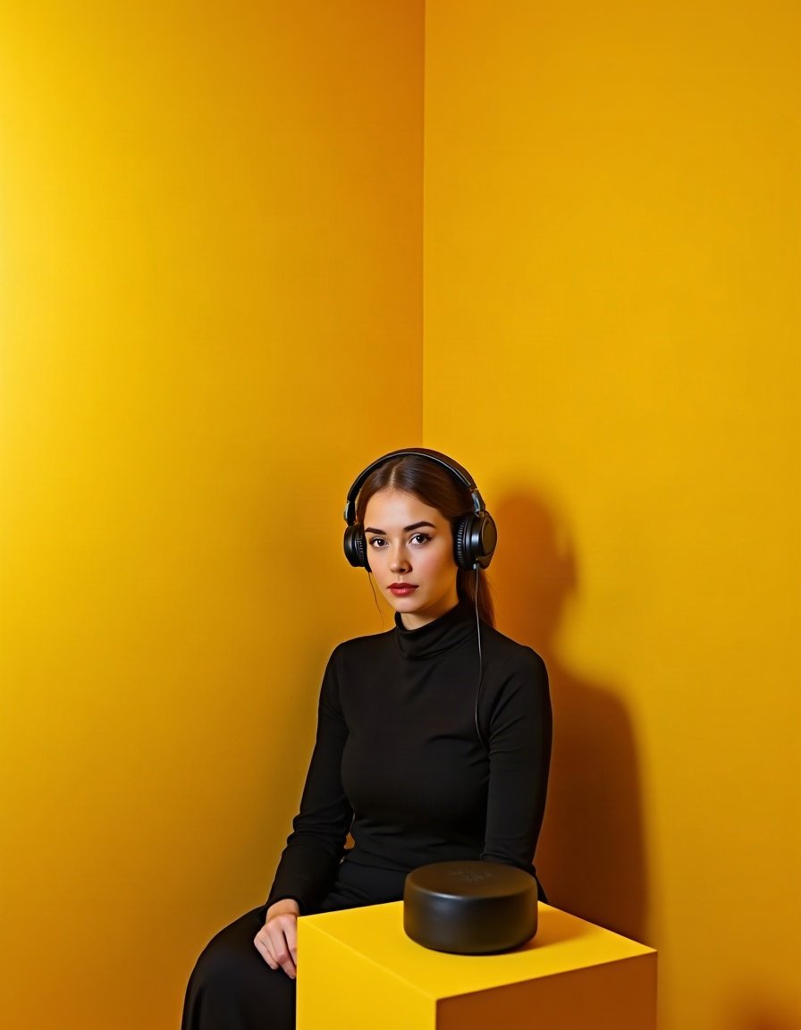 Femme portant un casque audio noir, assise devant un mur jaune