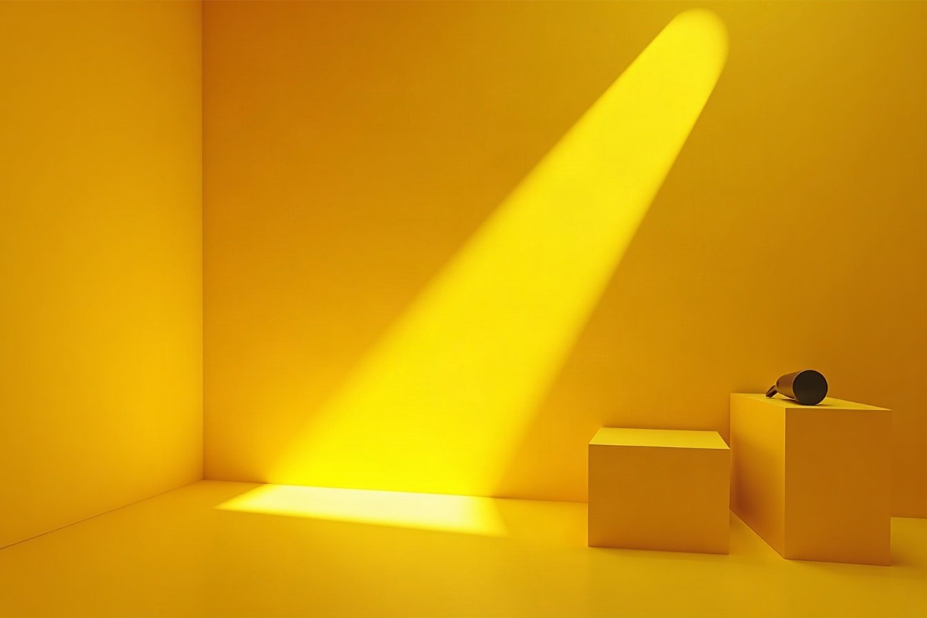 Projecteur noir traçant un faisceau de lumière sur un mur jaune