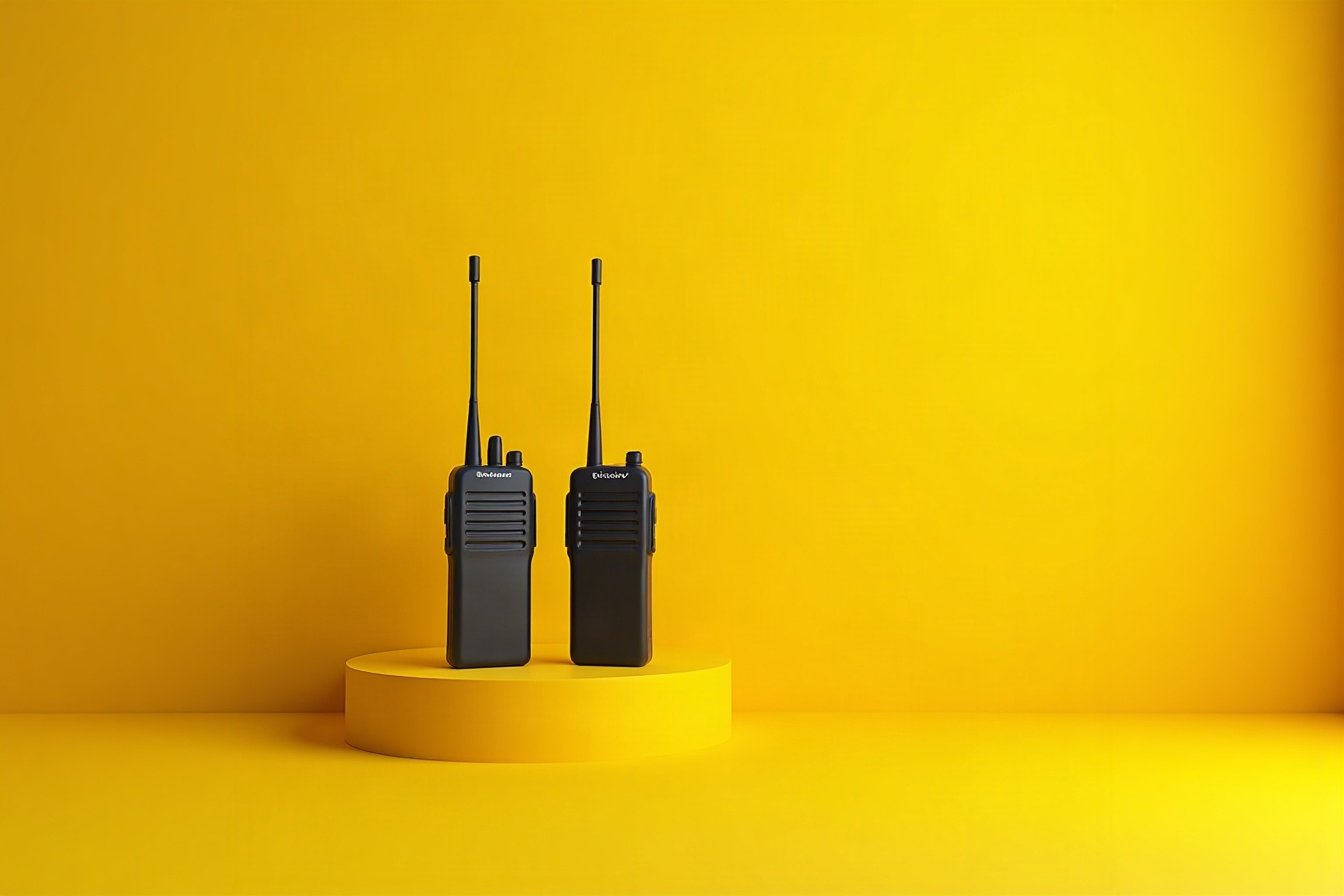 Deux talkies-walkies noirs debout sur un rebord jaune